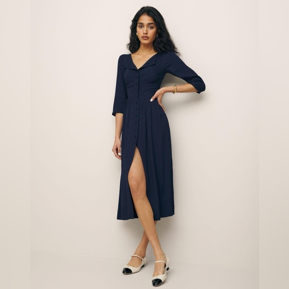 REFORMATION Adair Midi Dress Navy Blue Size 0 Button Up 3/4 Sleeves Work Party - Picture 1 of 10